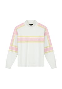 Weißer Strickpullover mit rosa und gelben Streifen, mit "TOMORROWLAND" in der Mitte gestickt. Hoher Kragen und lange Ärmel.