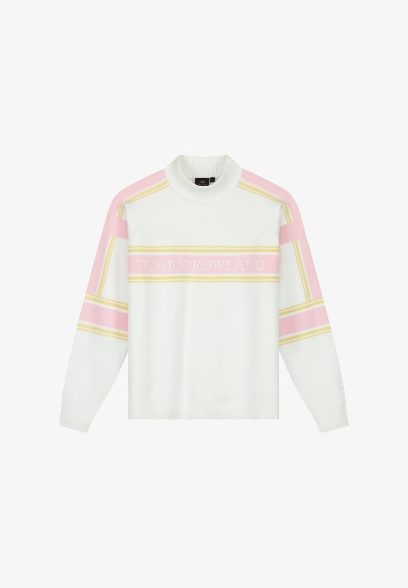 Weißer Strickpullover mit rosa und gelben Streifen, mit "TOMORROWLAND" in der Mitte gestickt. Hoher Kragen und lange Ärmel.