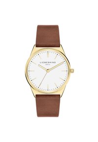 Montre dorée avec un cadran blanc, bracelet en cuir marron et index minimalistes. Boîtier rond avec des aiguilles fines et logo de la marque.