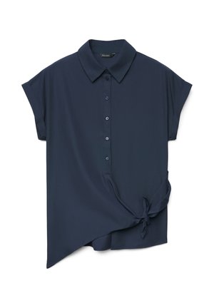 Blusa a maniche corte blu navy con bottoni sul davanti, collo pointed, orlo asimmetrico e dettaglio con fiocco laterale.