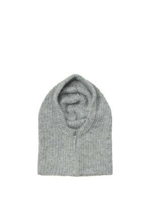 Écharpe à capuche en laine tricotée gris clair avec fermeture éclair sur le devant, posée à plat sur un fond blanc.