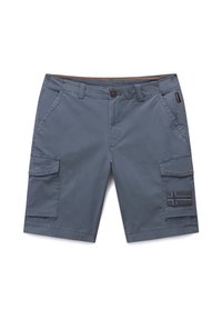 Gray cargo shorts with a button closure, side pockets, and a patch featuring a flag design on the right leg. Lightweight fabric.