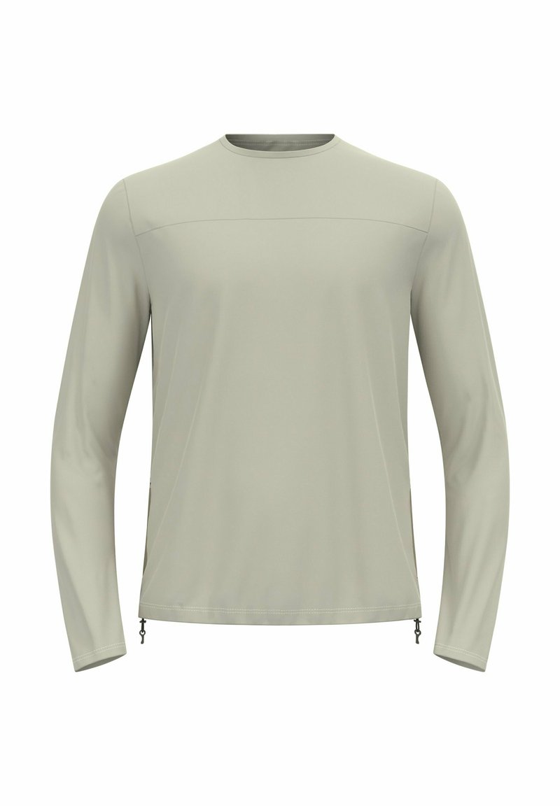 Lichtgrijze longsleeve shirt gemaakt van zachte, lichte stof. Kenmerkt zich door een ronde halslijn en zijritsen voor een verstelbare pasvorm.