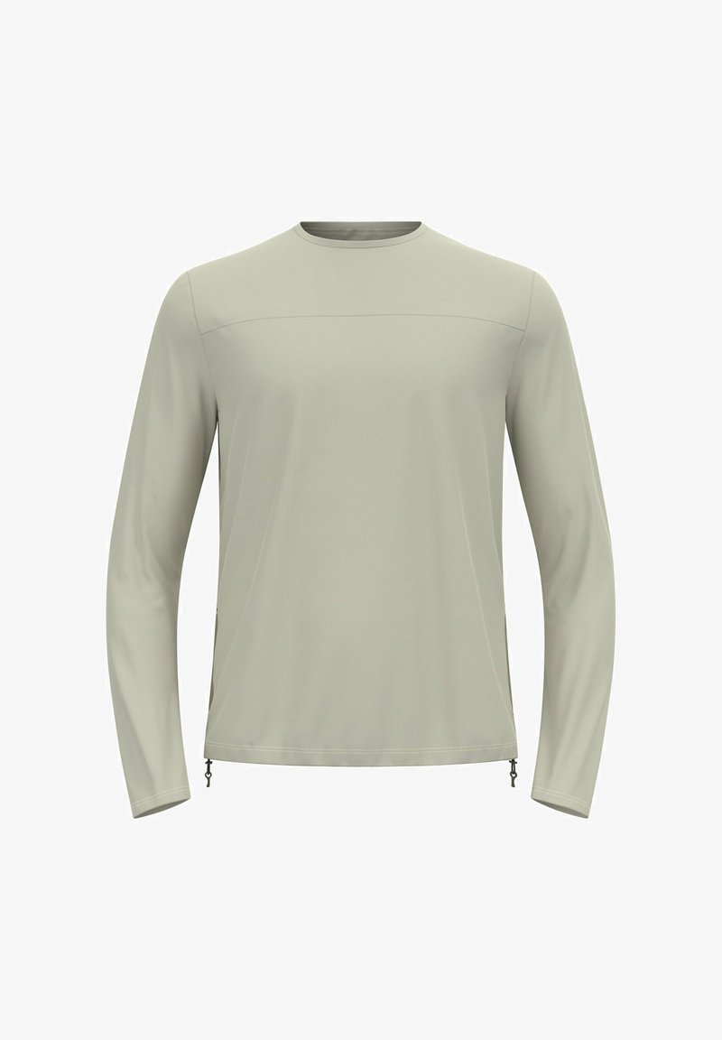 Hellgraues Longsleeve-Shirt aus glattem, leichtem Stoff. Mit Rundhalsausschnitt und seitlichen Reißverschlüssen für eine verstellbare Passform.