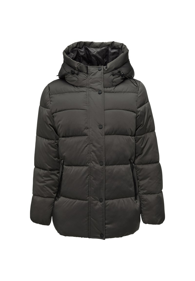 Czarna puchowa kurtka z kapturem, z zapięciem na zamek błyskawiczny, zatrzaskami i kieszeniami po bokach. Materiał wydaje się gładki i ocieplany.