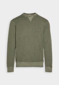 Langärmliger olivgrüner Rundhals-Pullover mit gerippten Bündchen und Saum, der eine gestickte dreieckige Detailierung unterhalb des Halsausschnitts aufweist.