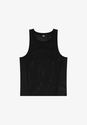 Svart mesh tank topp med solide sider, teksturert stoff og hevet skrift som viser "NEWERA" og nummeret "20."