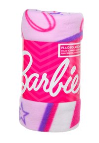 Pink polar blanket rolled with a vibrant pink packaging featuring the word "Barbie." Pattern includes stars and colorful swirls in pink and purple.