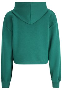 Hoodie verde corto con cappuccio, dotato di maniche lunghe e vestibilità comoda. Il tessuto sembra morbido e strutturato.