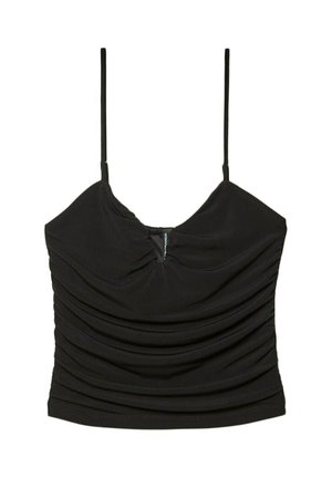 Czarna koszulka na cienkich ramiączkach, z marszczonym wzorem i przeszyciem na środku dla dodatkowej tekstury. Wykonana z miękkiego, gładkiego materiału.