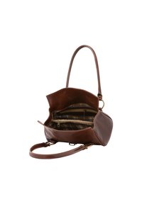 Borsa a tracolla in pelle marrone con una forma strutturata, dotata di apertura superiore, un interno a motivo e una tracolla regolabile.