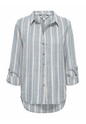 Pikad varrukad, nööpidega särk siniste ja valgete vertikaalsete triipudega, üles kääritud varrukad nööpnööpidega ja terava kraega.