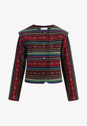 Kootud jakki, millel on horisontaalsed triibud punases, sinises, rohelises ja beežis. Sellel on ümar krae ja eest nööbiga sulgemine koos geomeetriliste mustritega.