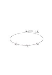 Srebrna bransoletka z trzema geometrycznymi akcentami i zapięciem przesuwanym. Łańcuszek jest delikatny, z błyszczącym wykończeniem i gładką teksturą.