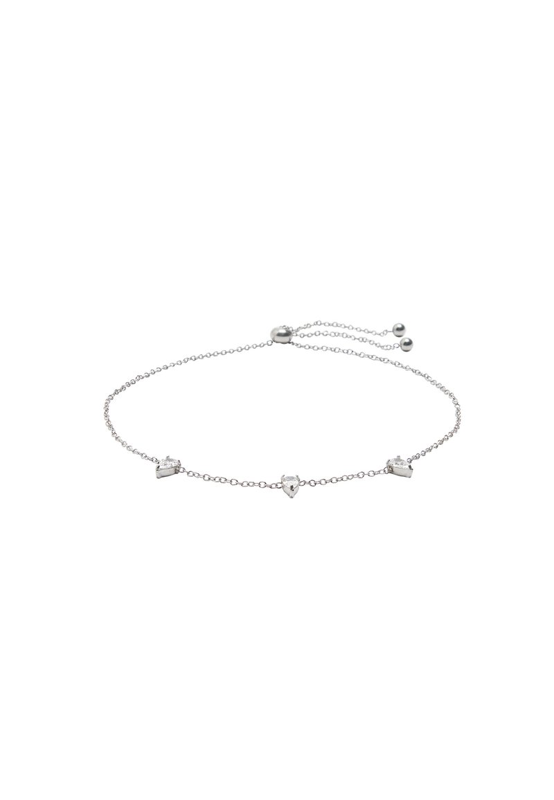 Srebrna bransoletka z trzema geometrycznymi akcentami i zapięciem przesuwanym. Łańcuszek jest delikatny, z błyszczącym wykończeniem i gładką teksturą.