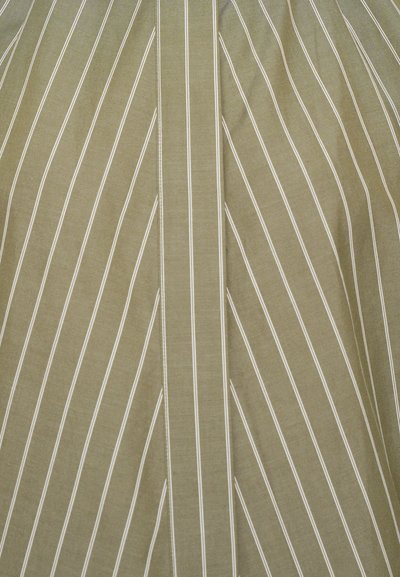 Olive green fabric featuring vertical white stripes, smooth texture, and a notable center seam, creating a structured design.