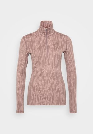 Long-sleeve, slim-fit top in soft pink fabric with a high collar and half-zip, featuring a subtle abstract pattern of white lines.