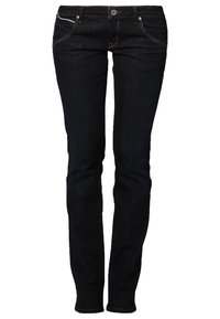 Jeans de corte ajustado en azul oscuro, fabricados en denim, con un clásico diseño de cinco bolsillos, cierre de botón y cremallera, y acentos de costura sutil.