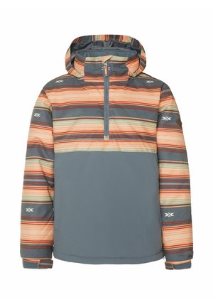 Pulloverjack met een grijze ondersectie. Heeft een meerkleurig gestreept patroon in perzik-, oranje- en blauwtinten. Inclusief capuchon.