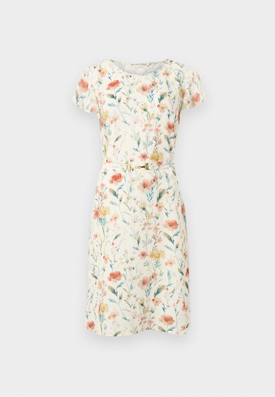Λευκό φόρεμα μέχρι το γόνατο με κοντά μανίκια, πολύχρωμο floral print, εφαρμοστή μέση και μικρή ζώνη με χρυσή αγκράφα.