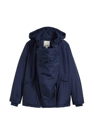 Giacca con cappuccio di colore blu navy, con fronte zip, polsini elasticizzati, una grande tasca frontale per riporre oggetti e un tessuto morbido e texturizzato.