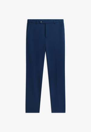 Merevaigukad püksid, millel on sile tekstuur, sirge lõige, esimesed taskud ja nööpkinnis. Lõigatud sobivaks siluetiks.