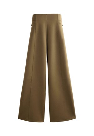 Kalhoty s vysokým pasem a širokými nohavicemi v olivově zelené barvě s viditelnými švovými detaily a přiléhavým pasem, zobrazené na bílém pozadí.