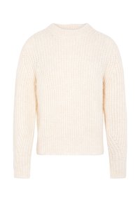 Maglione spesso e lavorato a maglia di colore crema con una texture a coste. Presenta un collo rotondo e una lunghezza leggermente cropped.