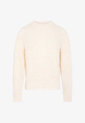 Flauschiger, gestrickter Pullover in cremiger Farbe mit gerippter Textur. Verfügt über einen runden Ausschnitt und eine leicht verkürzte Länge.