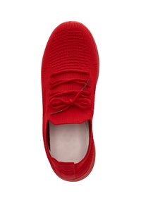 Roter Sportschuh mit einem strukturierten Strickobermaterial, runder Zehenpartie, einfarbigen Schnürsenkeln und einer Gummisohle. Verfügt über eine Zugschlaufe an der Ferse.