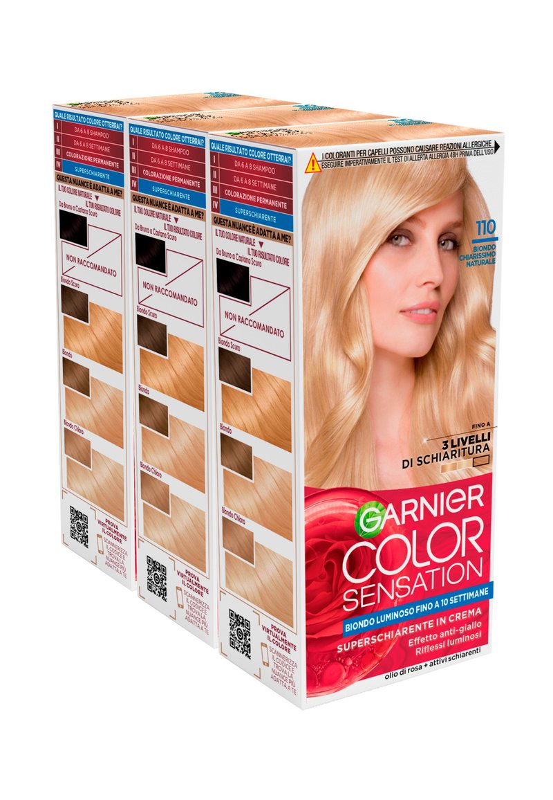 Scatole di tintura per capelli Garnier Color Sensation con una finitura lucida in crema, che presentano diverse tonalità di biondo e chiare istruzioni per l'applicazione.