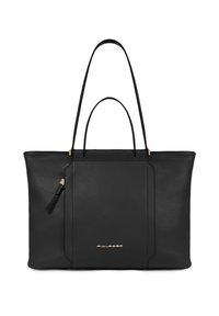 Bolso tote de cuero negro con doble asa, diseño plano, acento de logo en dorado y bolsillo lateral con cremallera. Textura suave con estilo minimalista.