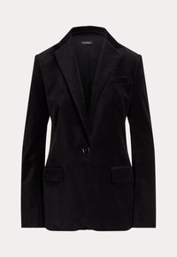 Blazer nero in velluto con rever, chiusura a un bottone, due tasche frontali e una tasca sul petto. Texture liscia, vestibilità sartoriale.