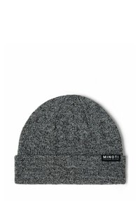 Sivý pletený čiapka s textúrovaným vzorom, s prehnutým okrajom a čiernou nášivkou s nápisom "MINOTI OUTDOOR EDITION."