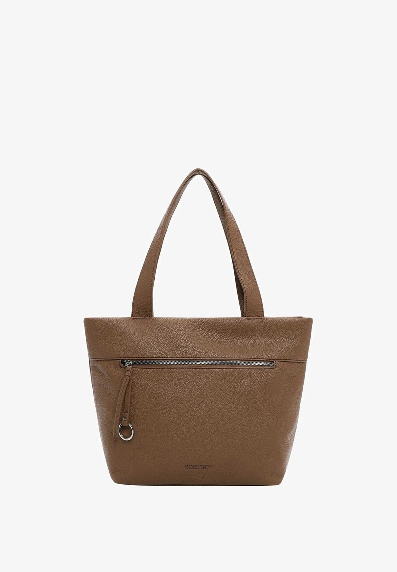 Brun läder tote-väska med två handtag, en zip-offert ficka framtill och en texturerad yta. Enkel rektangulär form.