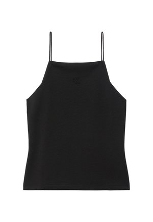 Débardeur noir sans manches avec fines bretelles et petit logo brodé « cK » centré près de l'encolure sur fond blanc.