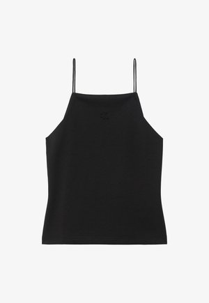 Débardeur noir sans manches avec fines bretelles et petit logo brodé « cK » centré près de l'encolure sur fond blanc.