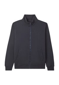 Giacca a zip grigia scura con colletto alto, due tasche frontali, texture liscia e polsini a coste. Realizzata in un morbido mix di tessuti.