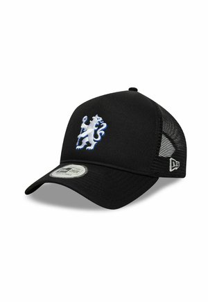 Black mesh baseball cap with curved brim, featuring a white and blue embroidered lion holding a staff on the front panel and a New Era logo on the side.