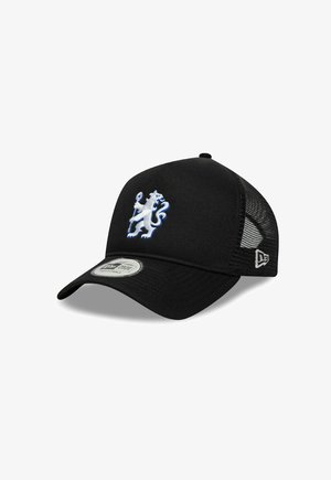 Black mesh baseball cap with curved brim, featuring a white and blue embroidered lion holding a staff on the front panel and a New Era logo on the side.