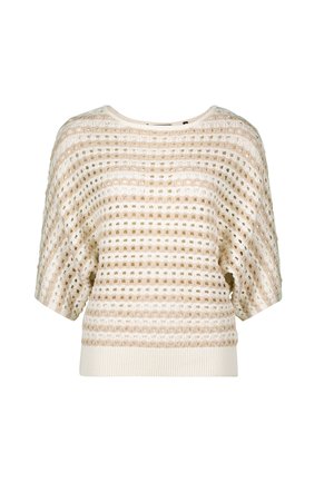 Knit sweater in cream and beige with open grid pattern, short sleeves, wide neckline, and ribbed hemline for a relaxed fit.