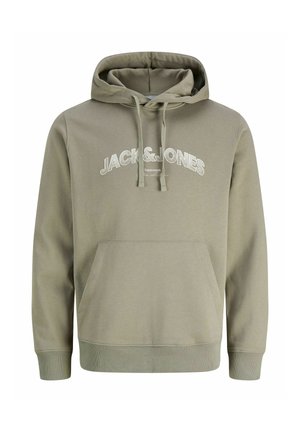 Hellbrauner Hoodie mit Fronttasche, Kordeln an der Kapuze und weißem Text "JACK & JONES" über der Brust.