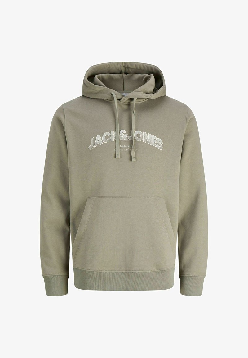 Sweat à capuche marron clair avec poche avant, cordons à la capuche et texte "JACK & JONES" en blanc sur la poitrine.