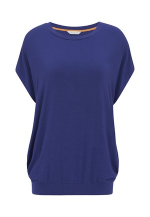 Locker sitzendes dunkelblaues Kurzarmhemd mit rundem Ausschnitt und tailliertem Saum, dargestellt vor weißem Hintergrund.