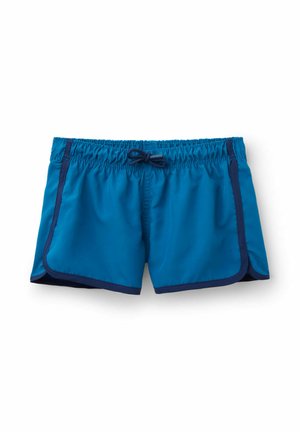 Blå mænds badeshorts med elastisk talje, snøre, marineblå kant og sideslidser på en hvid baggrund.