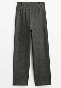 Pantalon gris à motifs avec une coupe droite. Il présente un devant plat, des poches latérales et une ceinture avec passants pour ceinture. Tissu texturé.