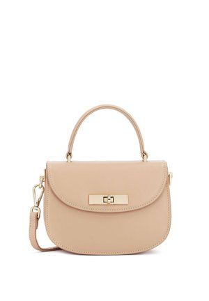 Peach leather handbag with a rounded shape and a top handle. Features a gold-tone clasp and detachable shoulder strap. Smooth texture.