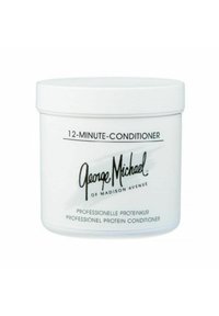 Runder, weißer Behälter mit der Aufschrift "12-MINUTEN-HAARKURE" und dem Druck "George Michael von Madison Avenue" in Schwarz, mit glatter Oberfläche.