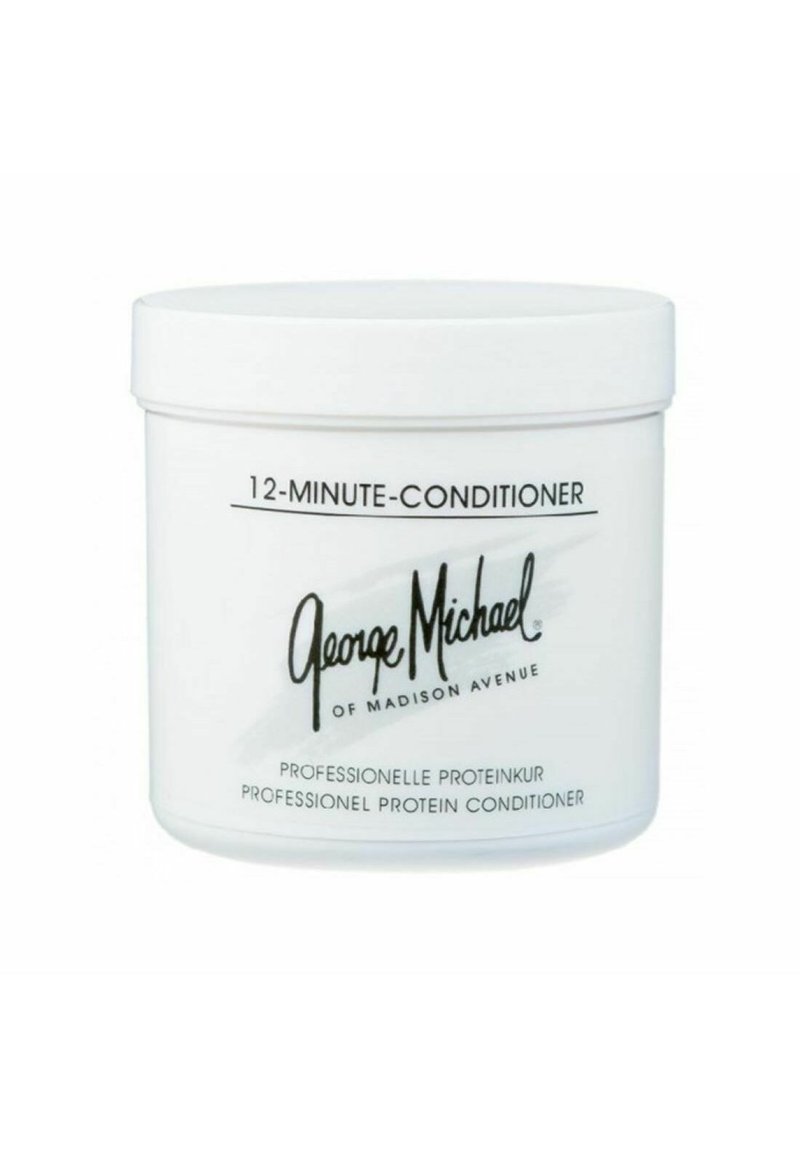 Runder, weißer Behälter mit der Aufschrift "12-MINUTEN-HAARKURE" und dem Druck "George Michael von Madison Avenue" in Schwarz, mit glatter Oberfläche.