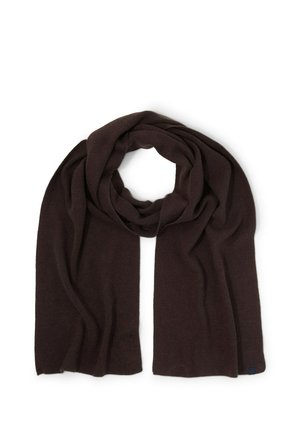 Dark brown knitted scarf loosely folded with ends hanging down on a white background.
